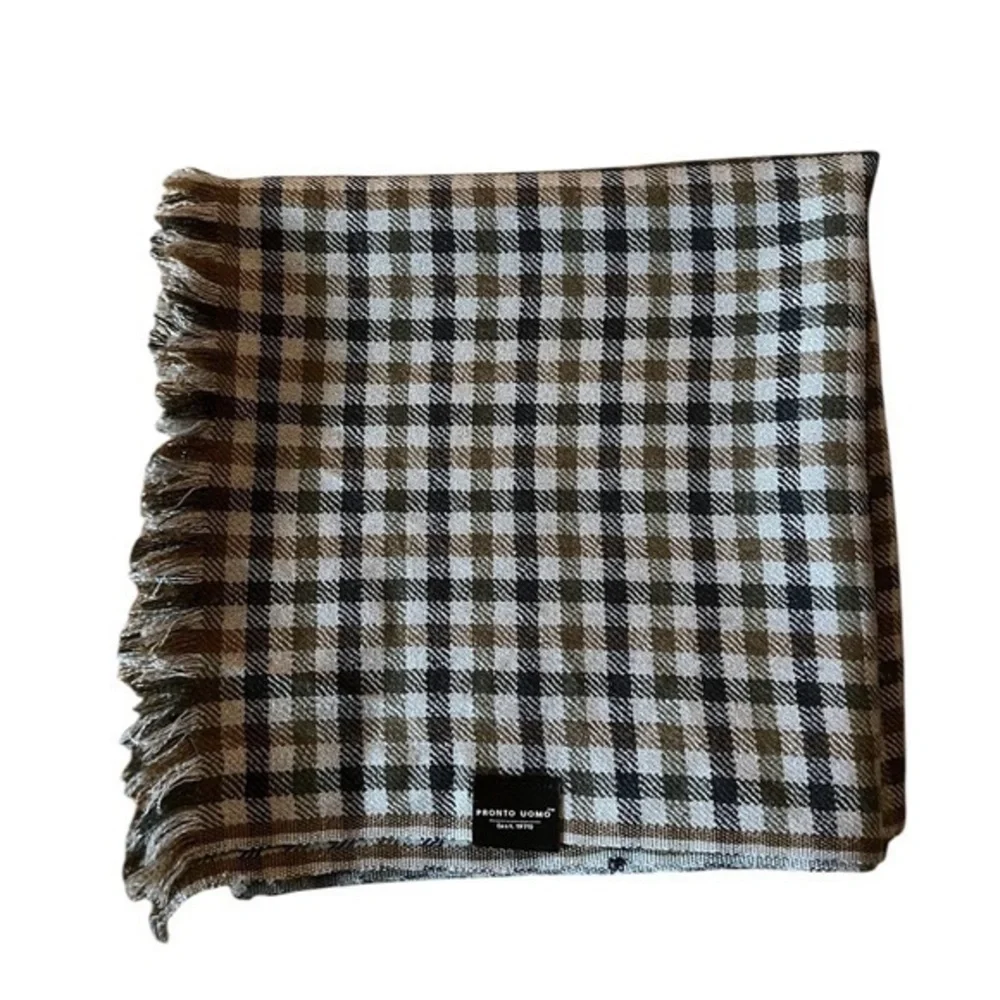 Pronto Uomo Fine 100% Wool Thin Plaid Check Scarf, Gray Brown & Blue